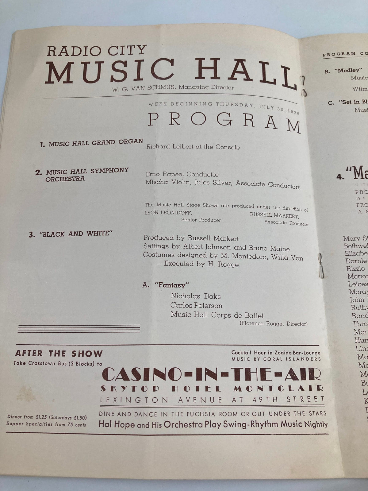 1936 Radio City Music Hall Weekly program cover featuring the title and acts including Music Hall Grand Organ, Symphony Orchestra, and 'Black and White', designed by Russell Markert.