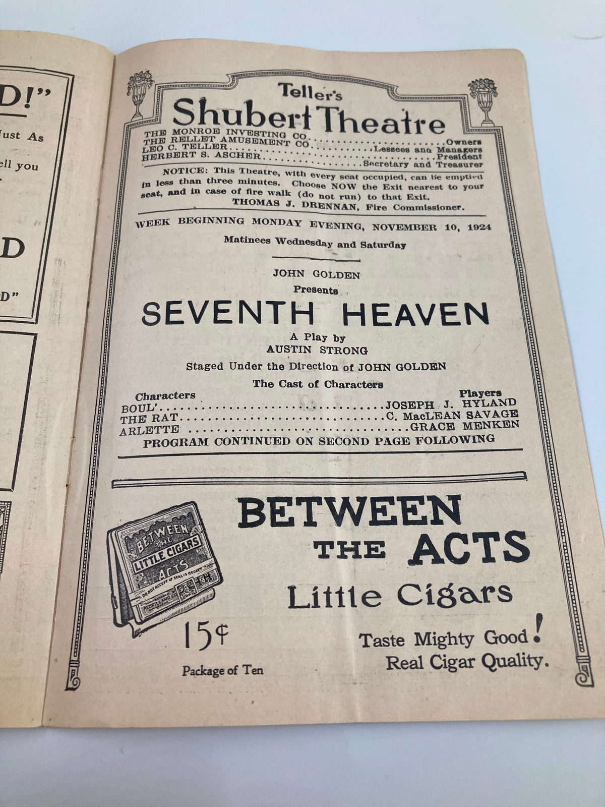 Another inside page of the 1924 Teller's Shubert Theatre Playbill featuring details about the play Seventh Heaven by Austin Strong.