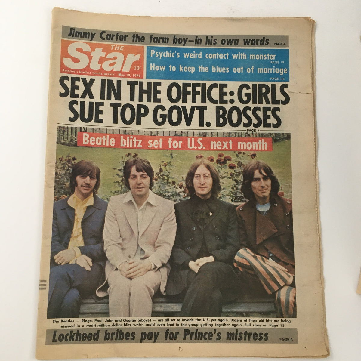 The Star Newspaper dated May 18, 1976 featuring The Beatles—Ringo, Paul, John, and George. Cover highlights include news stories and a large headline about the band with striking visuals.