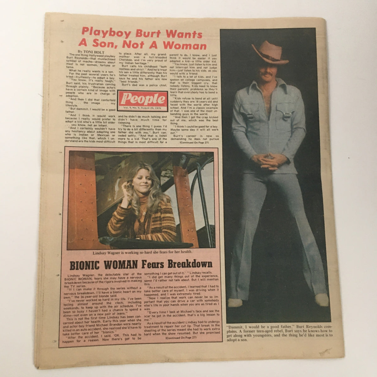 Inside page of Modern People Vol 9 #9, August 29, 1976, highlighting an article about Lindsay Wagner and featuring a photograph of her.