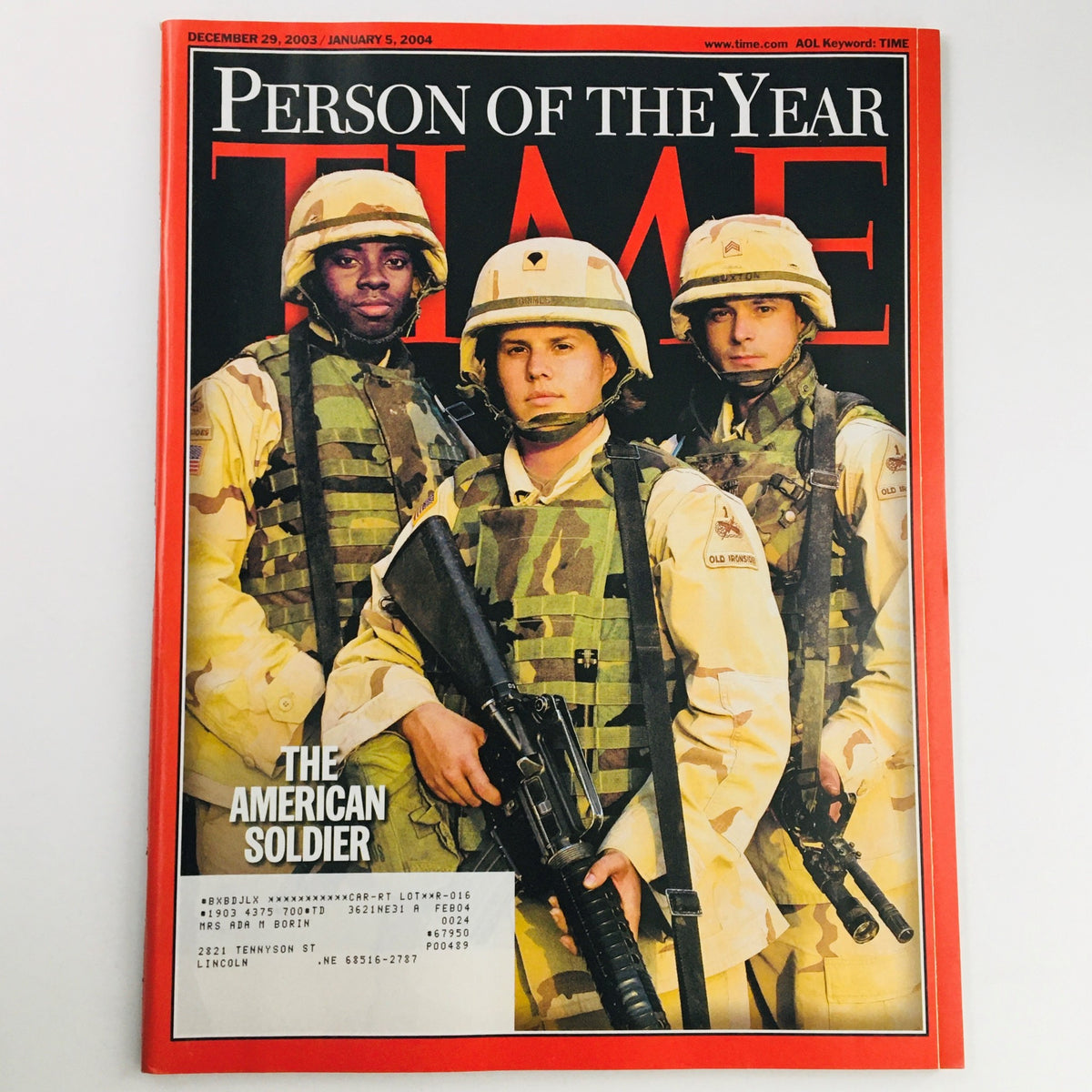 Cover of Time Magazine from December 29, 2003, featuring The American Soldier as Person of the Year, showcasing three soldiers in military gear.