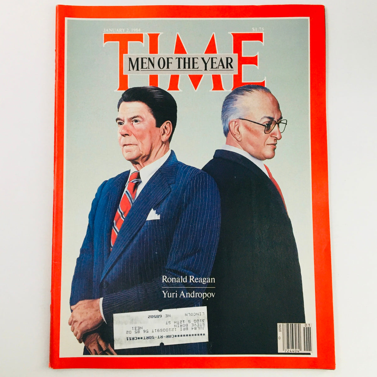 Time Magazine January 2 1984 Men of the Year featuring portraits of Ronald Reagan and Yuri Andropov, showcasing important figures in the Cold War era.