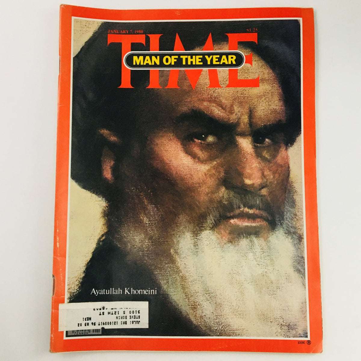 Cover of Time Magazine from January 7, 1980, featuring Iranian Politician Ayatollah Khomeini with the headline 'Man of the Year.' This vintage magazine showcases a portrait of Khomeini, highlighting his significance during the Iranian Revolution.