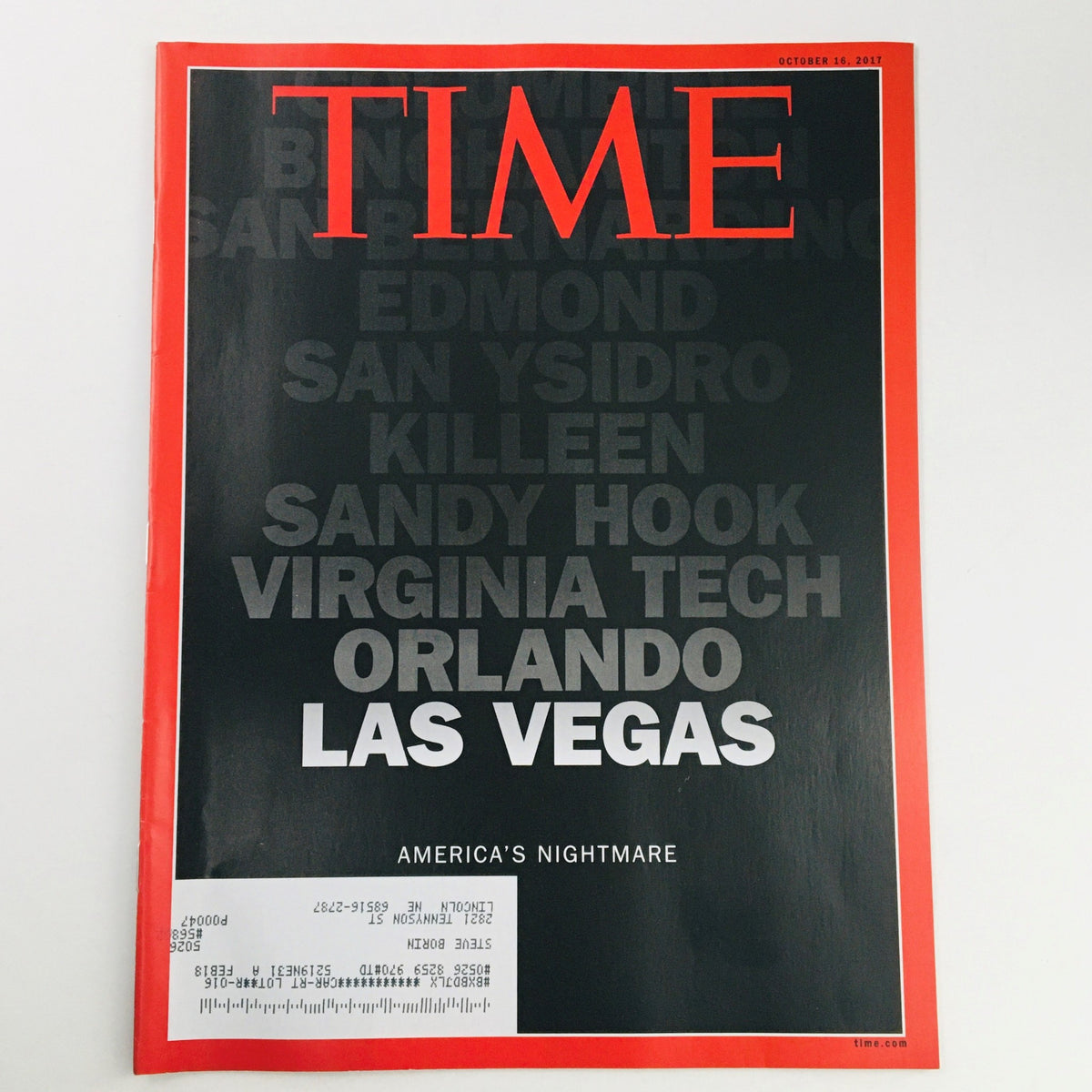 Cover of Time Magazine from October 16, 2017, titled 'America's Nightmare: Las Vegas & Orlando,' highlighting the tragic events in American history.