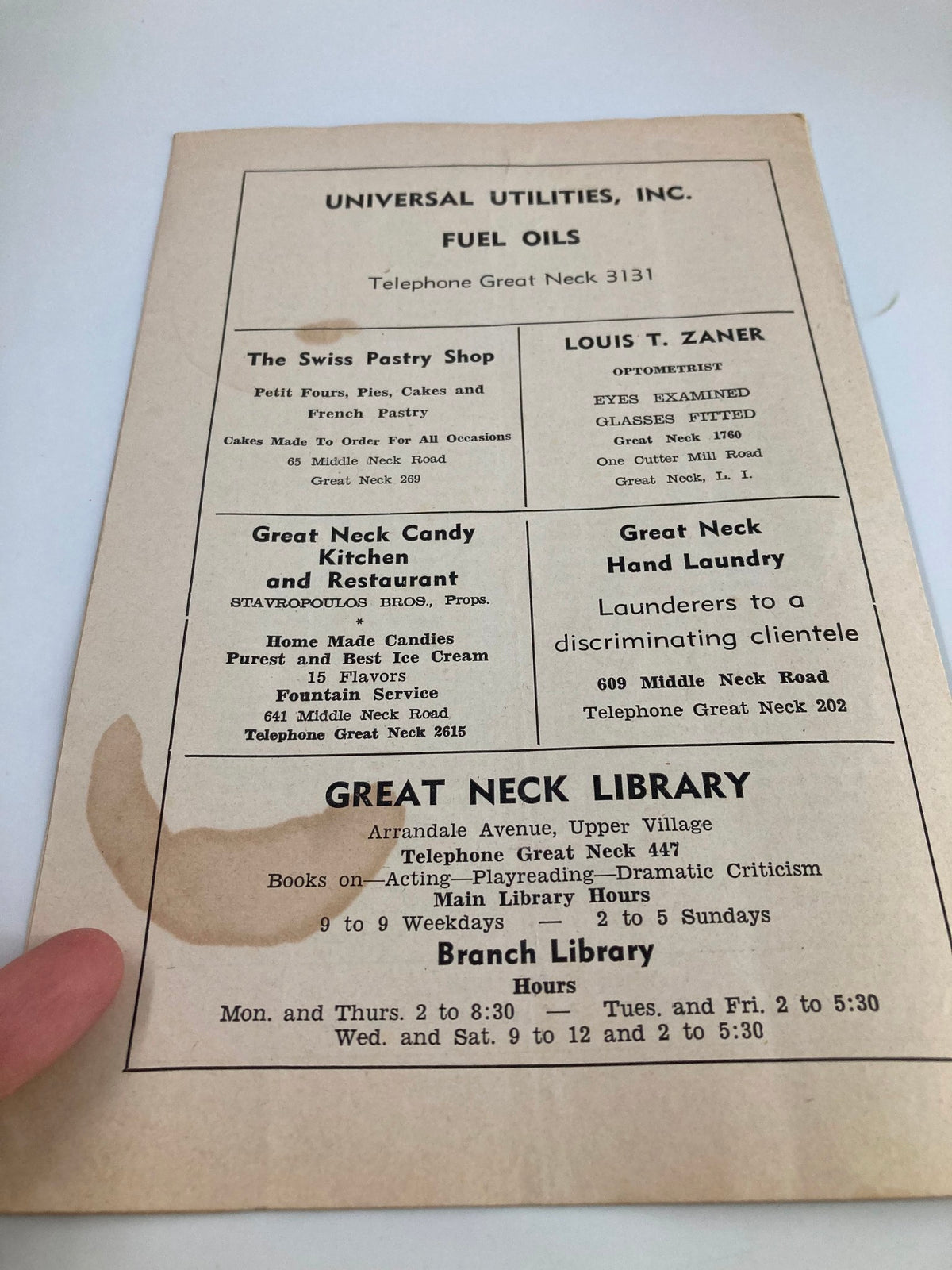 1940 Summer Drama Festival Playbill advertisement section showcasing local businesses and services in Great Neck, Long Island.