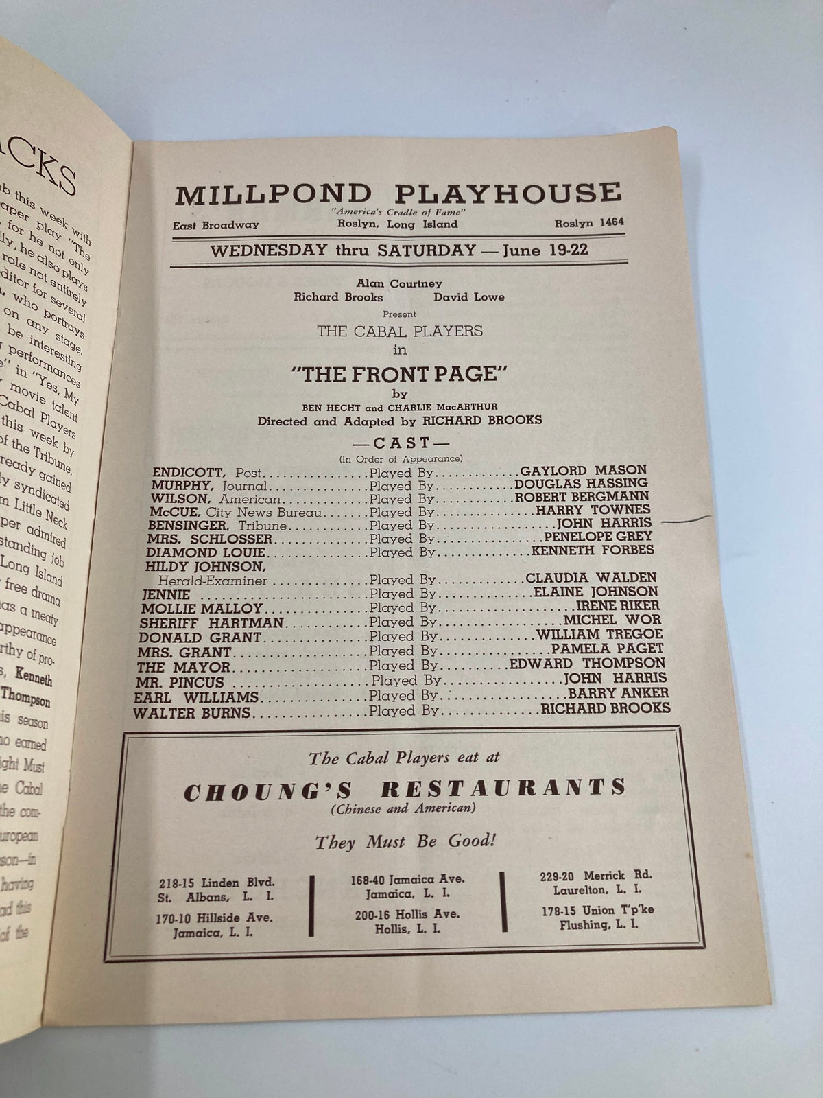 1940 The Front Page Playbill showcasing the cast and production details at the Claque Millpond Playhouse, featuring a vintage layout and unique memorabilia.