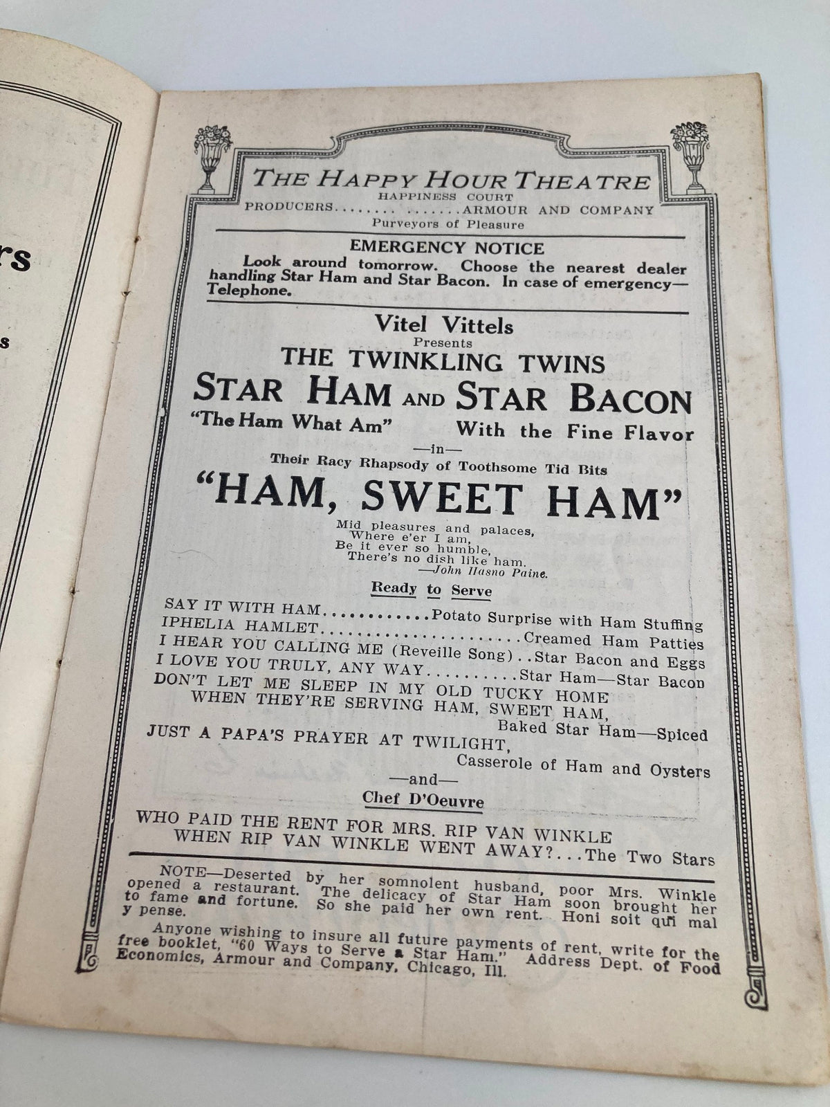1922 Walter C. Jordan's National Theatre The Twinkling Twins Star Ham & Bacon Playbill featuring a theatrical advertisement for 'Ham, Sweet Ham'