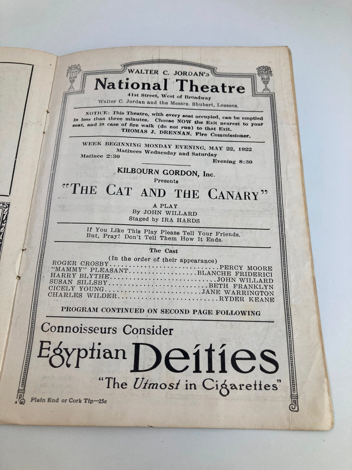 1922 Walter C. Jordan's National Theatre Playbill showcasing the performance of 'The Cat and the Canary' by Joan Aylward with venue details