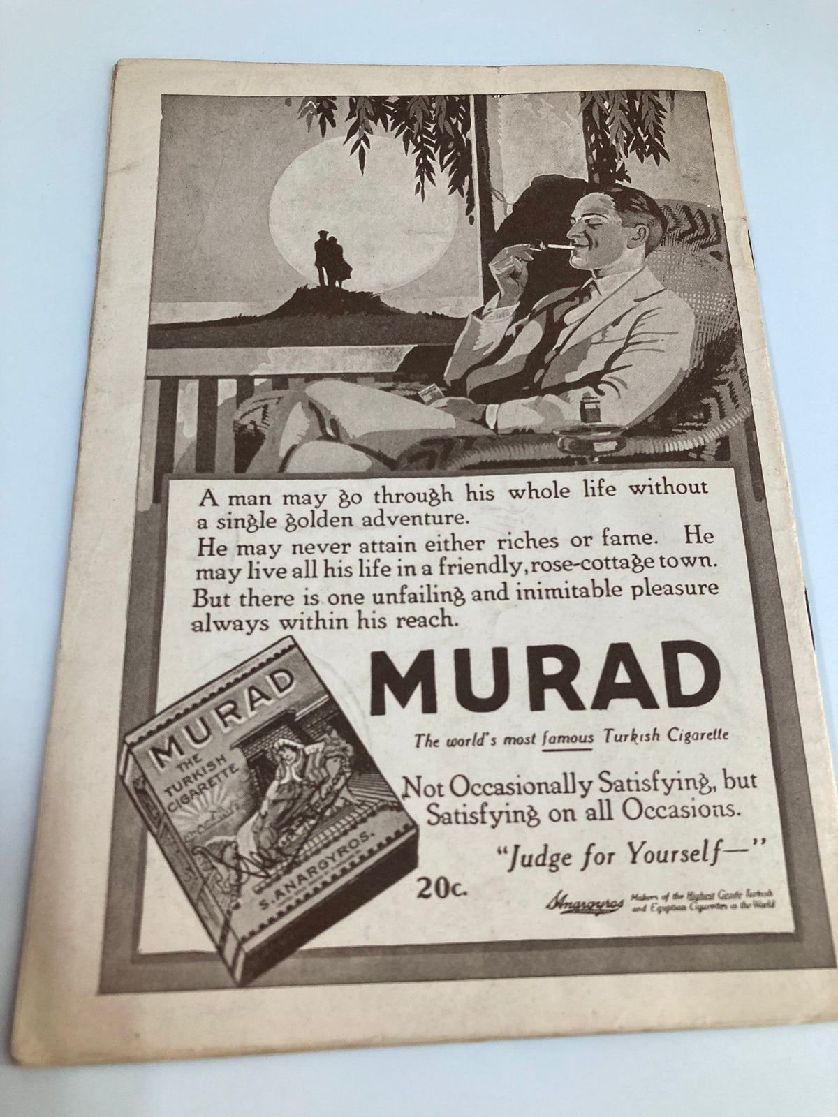 1922 Walter C. Jordan's National Theatre advertisement for Murad cigarettes on the back of The Twinkling Twins Playbill