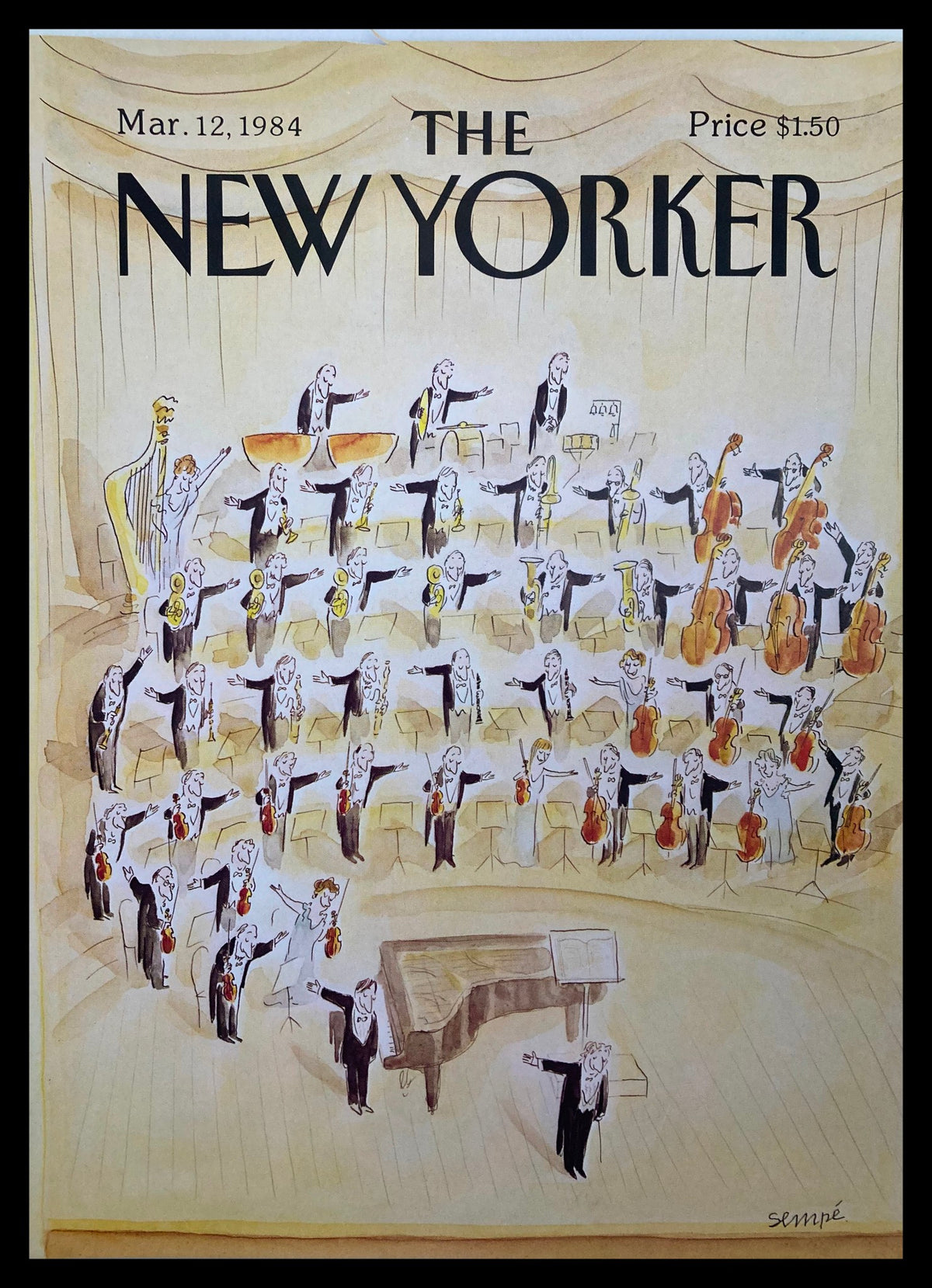 Cover of The New Yorker dated March 12, 1984, featuring an illustration by J. J. Sempe depicting a symphony orchestra with multiple musicians playing instruments.