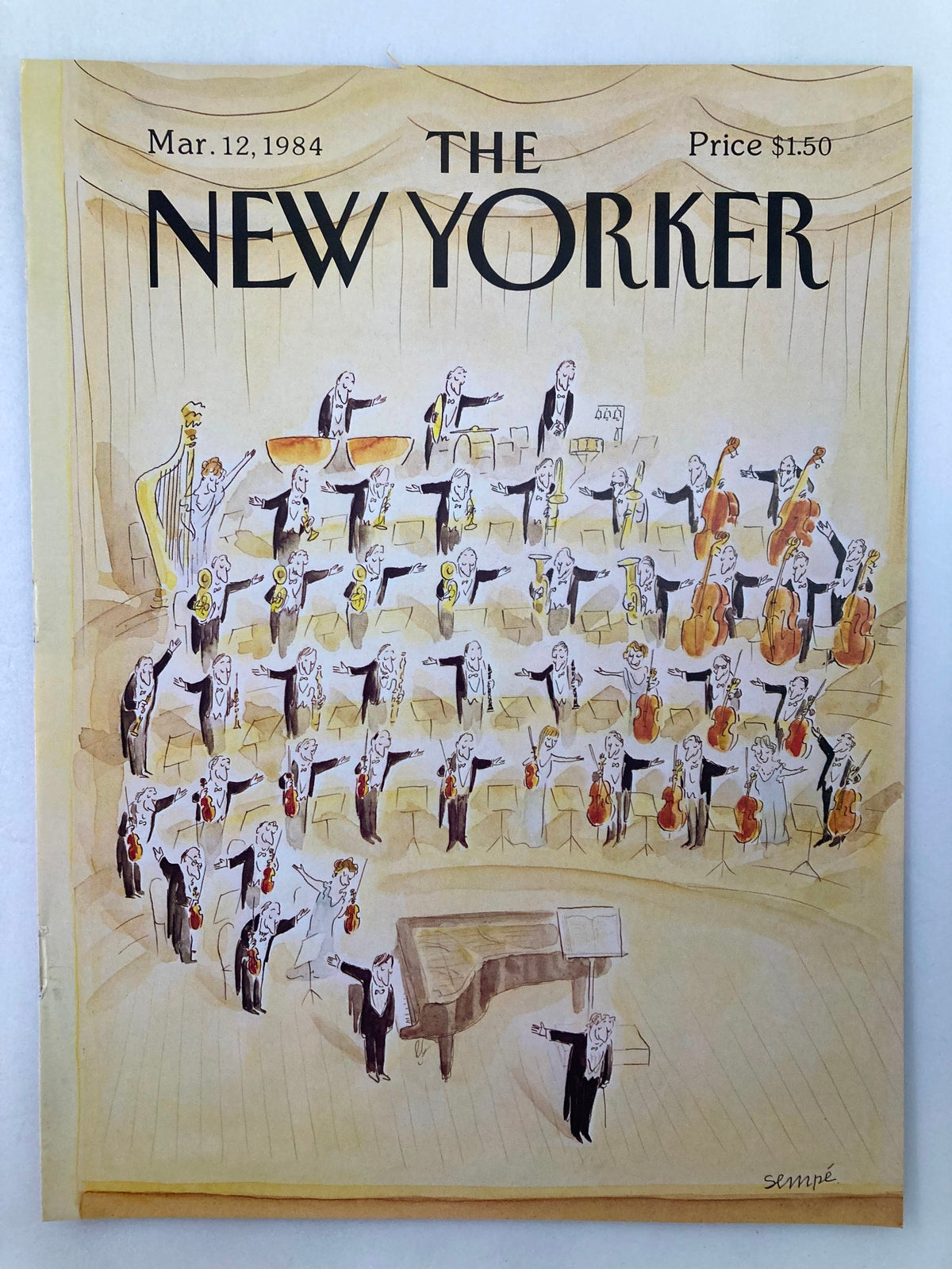 The New Yorker cover from March 12, 1984, illustrated by J. J. Sempe, showcasing an orchestra with musicians in formal dress performing in a concert hall.