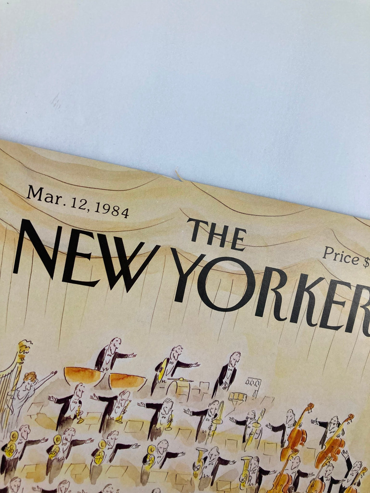 Close-up of The New Yorker cover from March 12, 1984, by J. J. Sempe, highlighting the date and artwork of an orchestra scene.