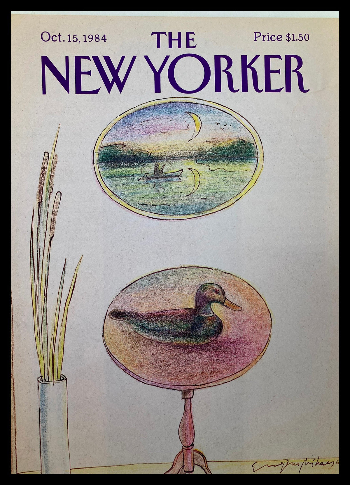 Cover of The New Yorker October 15, 1984, featuring a whimsical illustration of a duck and serene landscape design by Eugene Mihaesco. Ideal collectible art for magazine enthusiasts.