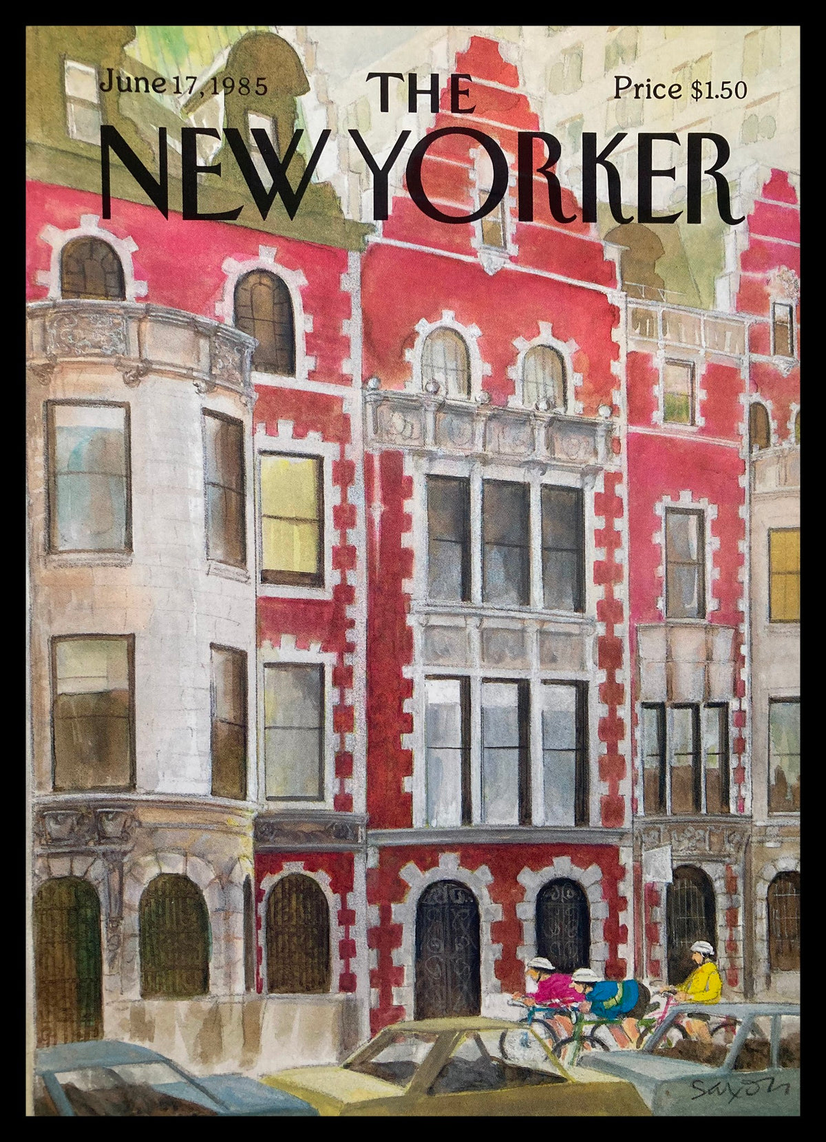 The New Yorker June 17 1985 cover featuring a vibrant illustration of town architecture by Charles Saxon, depicting cyclists in front of red brick buildings.