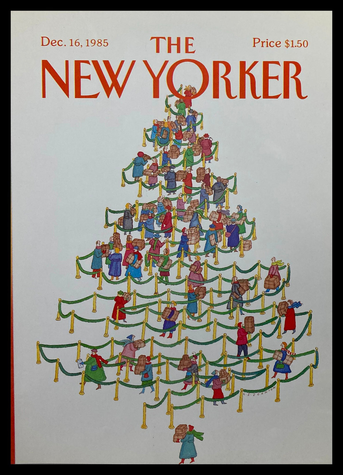 The New Yorker cover from December 16, 1985, titled 'Fall in Line' by L.S. Johnson, featuring a whimsical illustration of people in colorful clothing forming a Christmas tree shape, surrounded by stanchions and carrying gifts.