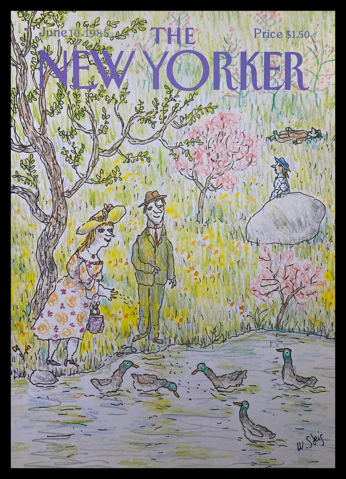 The New Yorker Cover June 10, 1985, featuring a whimsical illustration by William Steig, depicting a couple by a pond feeding ducks surrounded by vibrant nature.