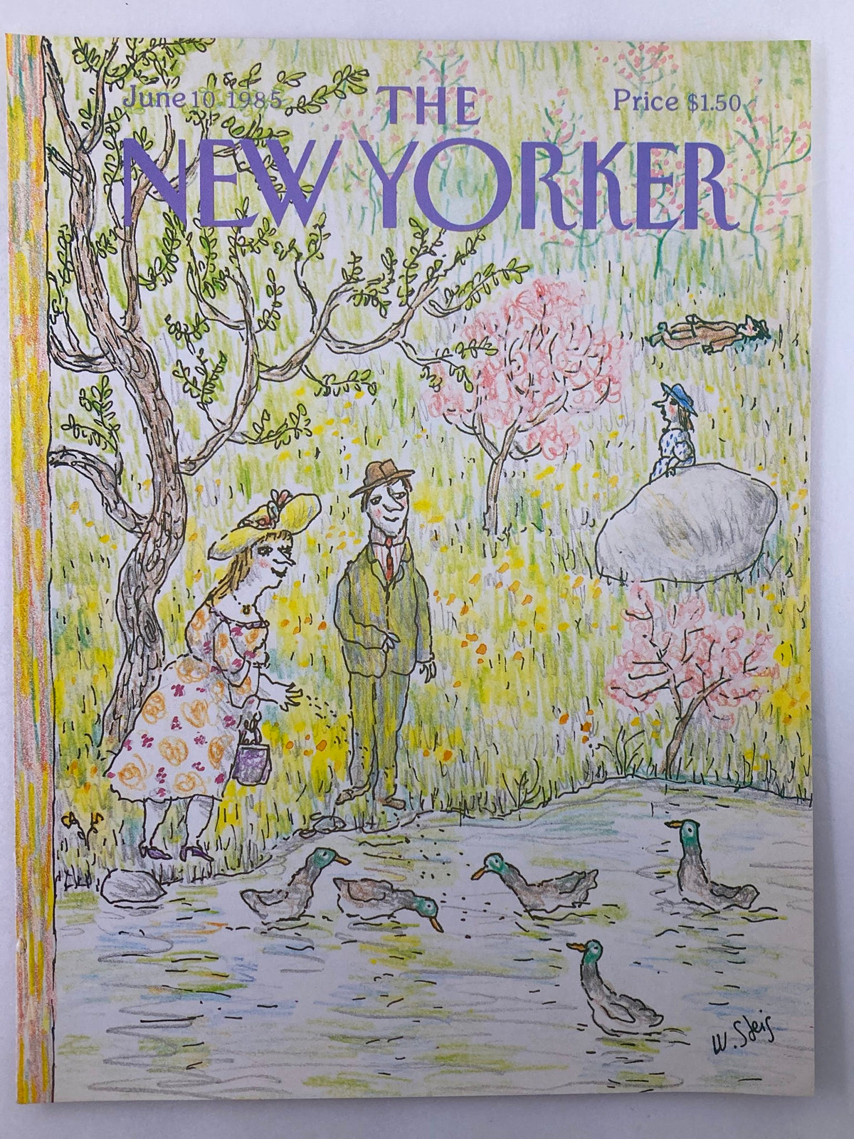 The New Yorker Cover June 10, 1985, illustrated by William Steig, shows a playful scene of a man and woman near a pond with ducks, set against a colorful, blooming landscape.