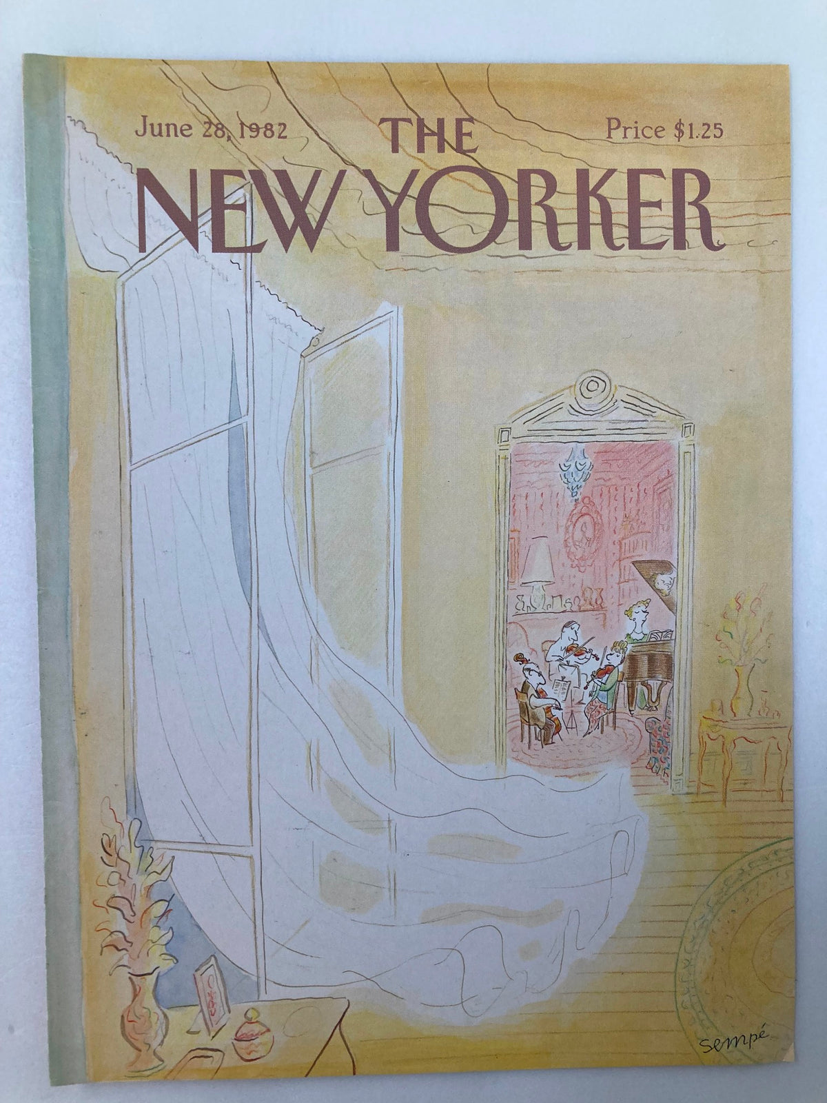 COVER ONLY The New Yorker June 28 1982 Playing Music by J. J. Sempe, highlighting a charming illustration of a musical gathering with curtains billowing, capturing the essence of artistic leisure.