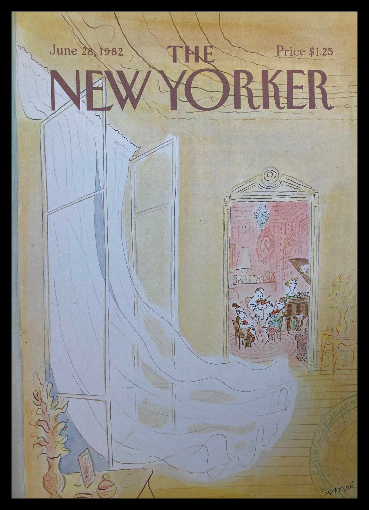 COVER ONLY The New Yorker June 28 1982 Playing Music by J. J. Sempe, featuring an illustrated interior scene with flowing curtains, showcasing a group of musicians playing together in a cozy room.