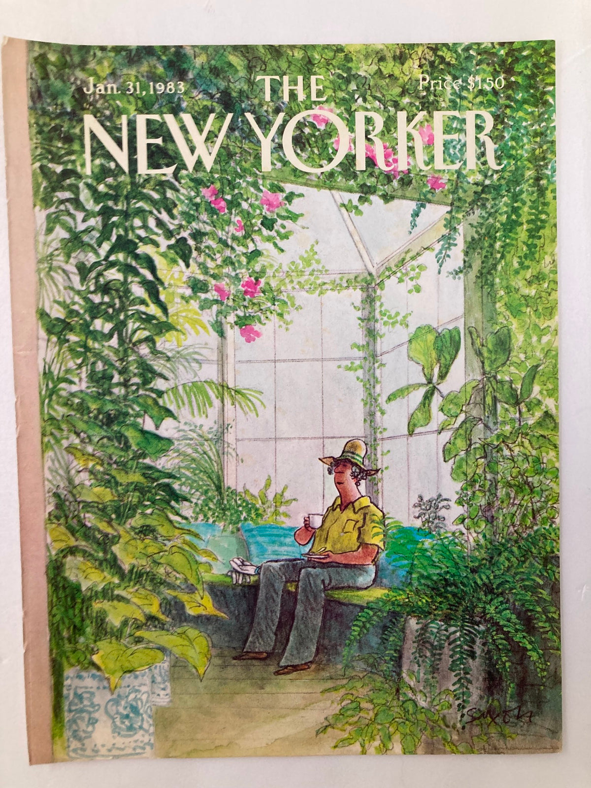 Cover of The New Yorker, January 31, 1983, displaying a peaceful green room illustration of a man with a yellow shirt and hat sitting among plants while sipping a beverage.