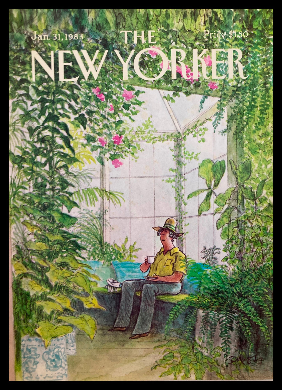 Cover of The New Yorker dated January 31, 1983, featuring a serene green room scene with a man in a yellow shirt and hat enjoying a drink surrounded by lush greenery.