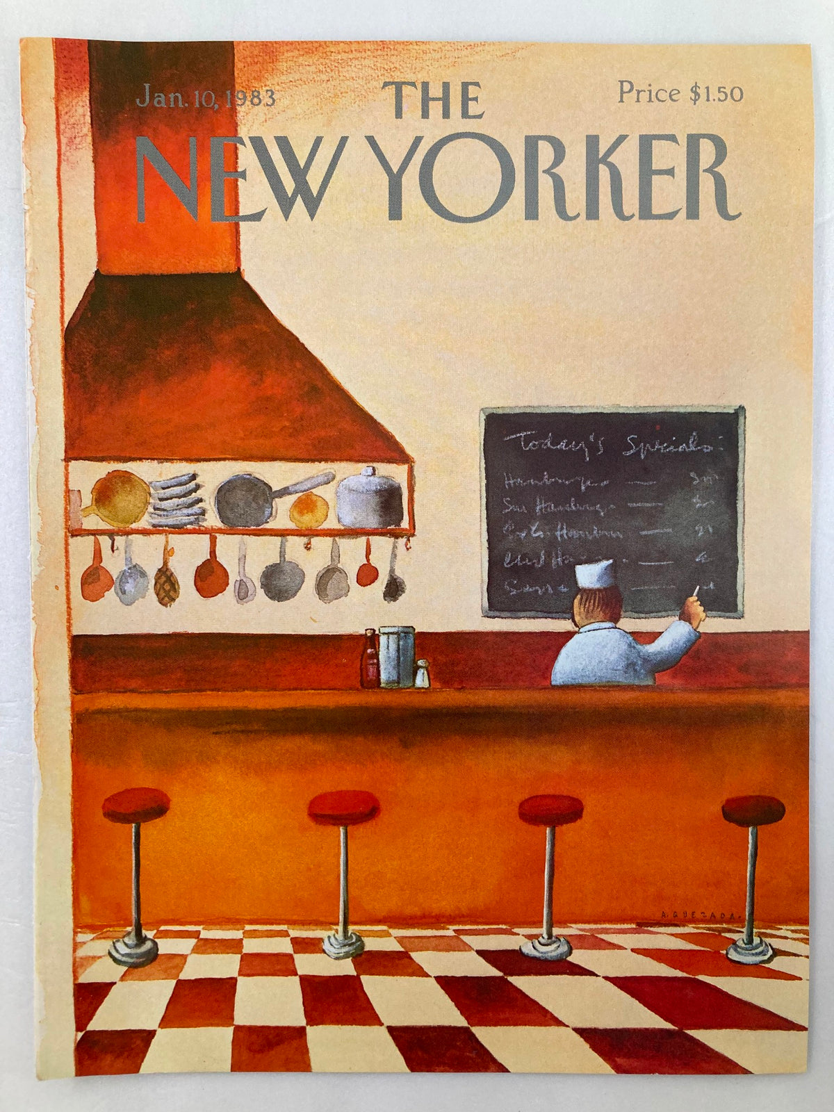The New Yorker cover from January 10 1983, displaying 'Today's Specials' by A. Quezada, showcasing a warm kitchen environment with cooking utensils and a chef.
