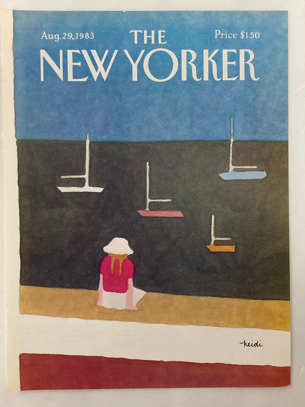 The New Yorker cover from August 29, 1983, designed by Heidi Goennel, depicting a serene waterfront with a figure overlooking boats, embodying the charm of classic magazine art.