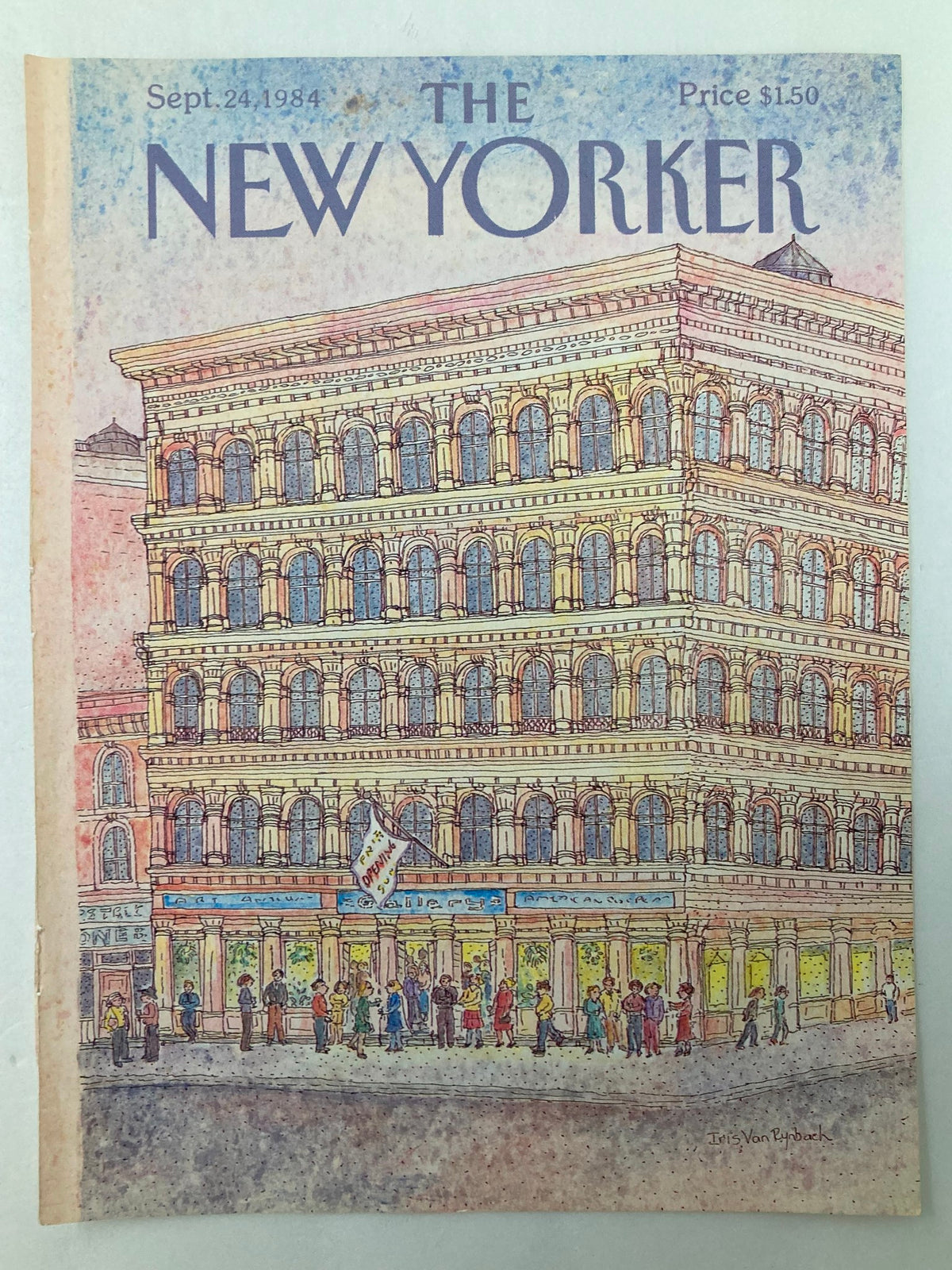 Front view of The New Yorker September 24 1984 cover, showcasing the artwork 'Opening Soon' by Rynbach, depicting a vibrant street scene with people gathered beneath an ornate building.