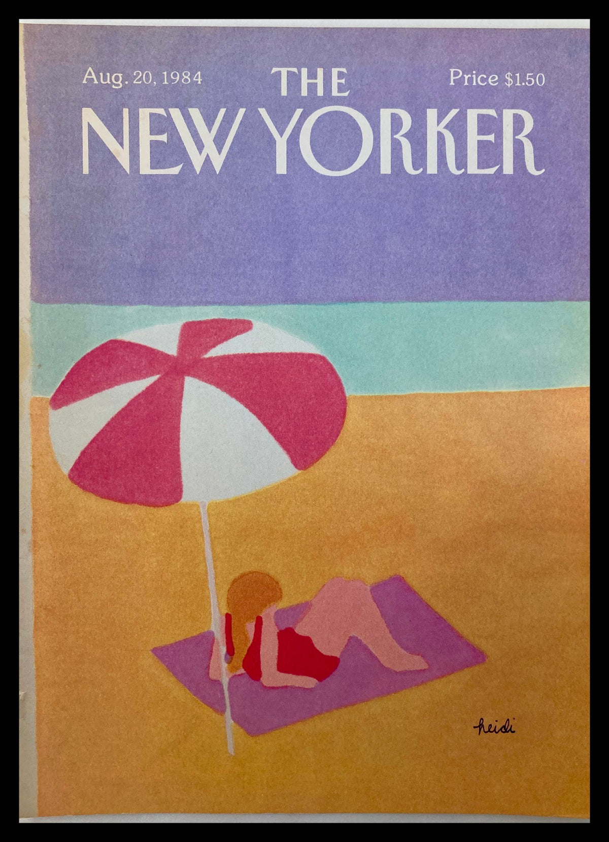 Cover only of The New Yorker August 20 1984 featuring a whimsical beach scene with a girl in a red swimsuit lounging under a pink and white umbrella at the beach, illustrated by Heidi Goennel.