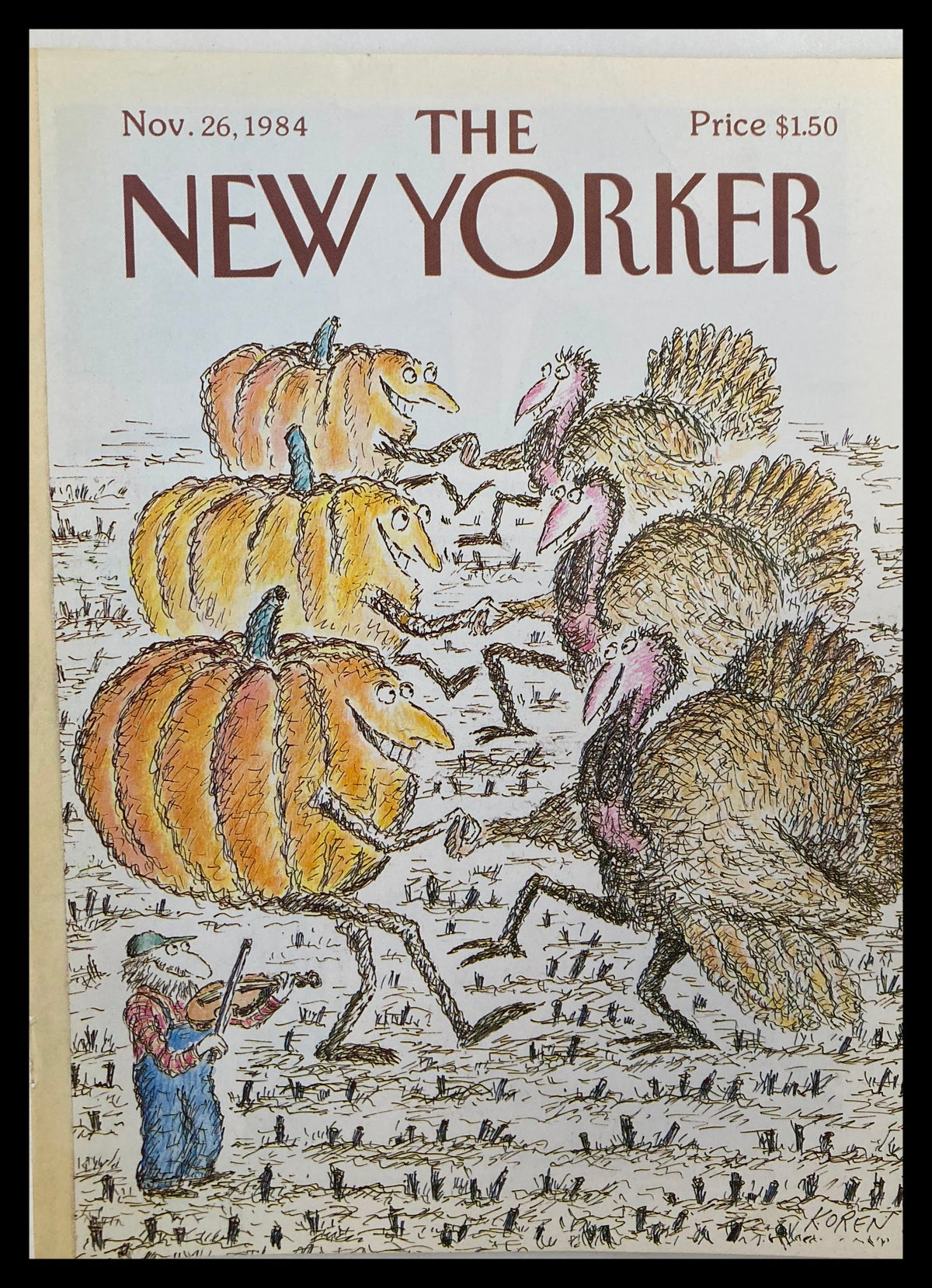 Cover of The New Yorker dated November 26, 1984, featuring an illustration by Edward Koren titled 'Dance Time', depicting whimsical pumpkins and turkeys in a playful gathering, perfect for collectors and art lovers.