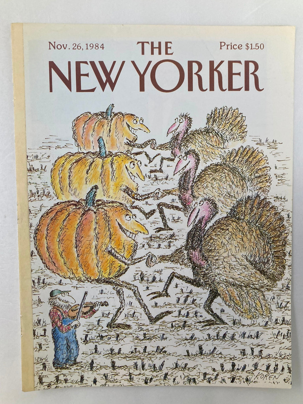 Cover of The New Yorker dated November 26, 1984, featuring the illustration "Dance Time" by Edward Koren. The artwork depicts whimsical pumpkins and turkeys in a playful dance scene, showcasing Koren's distinctive style. A perfect collectible for fans of vintage magazine covers.