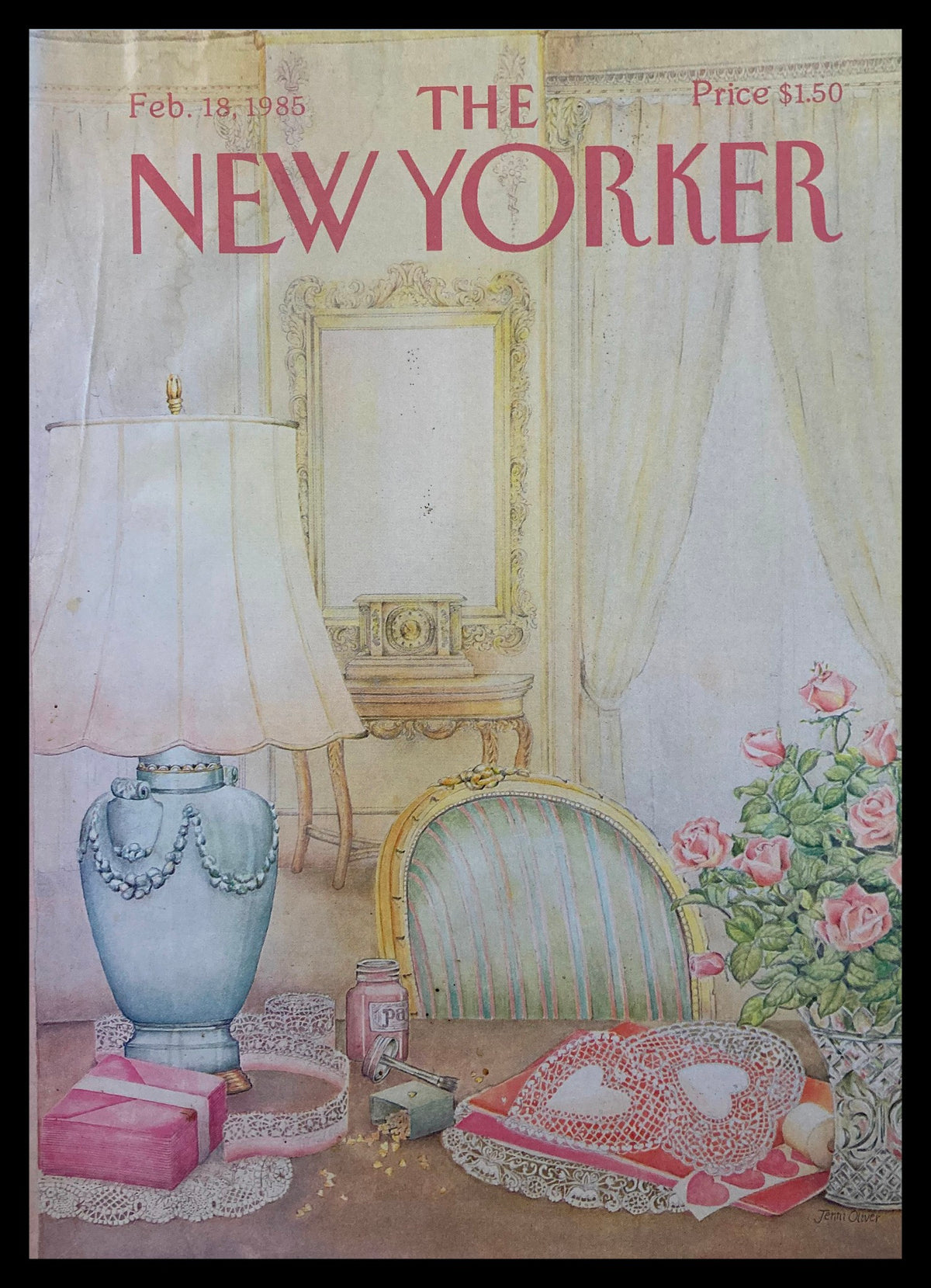 COVER ONLY The New Yorker February 16 1985 Beauty Routine by J. Oliver featuring a vintage lamp, a vase of roses, and a decorative table with a heart-themed item.
