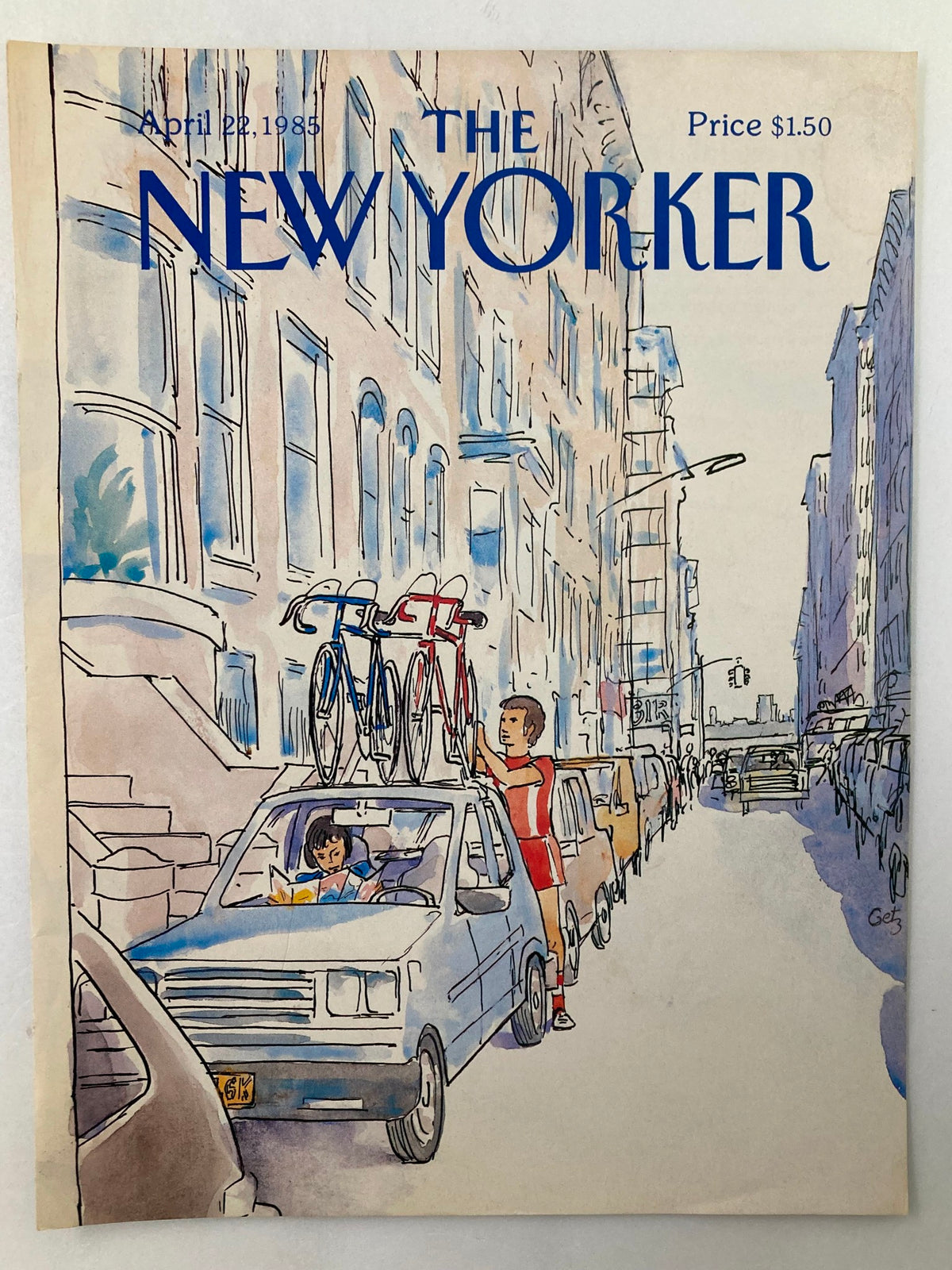 COVER ONLY The New Yorker April 22 1985 Couple Cycle by Arthur Getz, showcasing a colorful illustration of a city street scene with cyclists and cars, reflecting mid-1980s culture.
