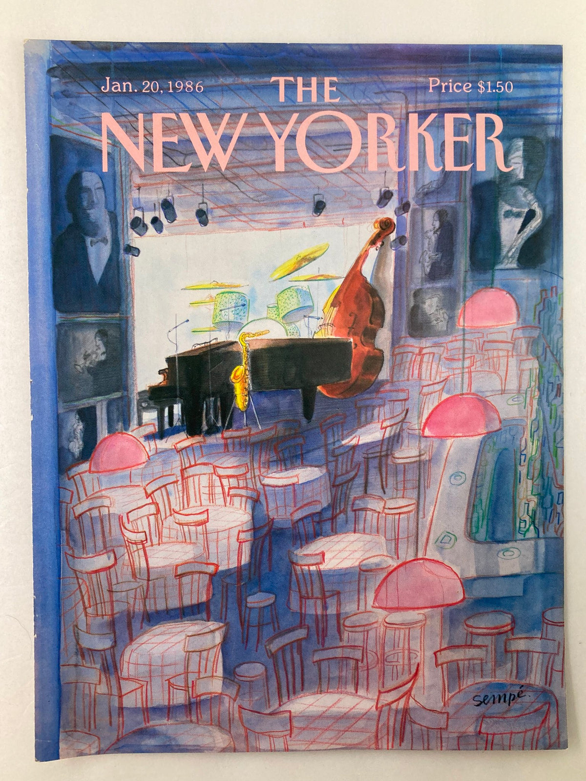 The New Yorker cover from January 20, 1986, showcasing J. J. Sempe's artwork of a jazz club atmosphere with musical instruments and cabaret-style seating.