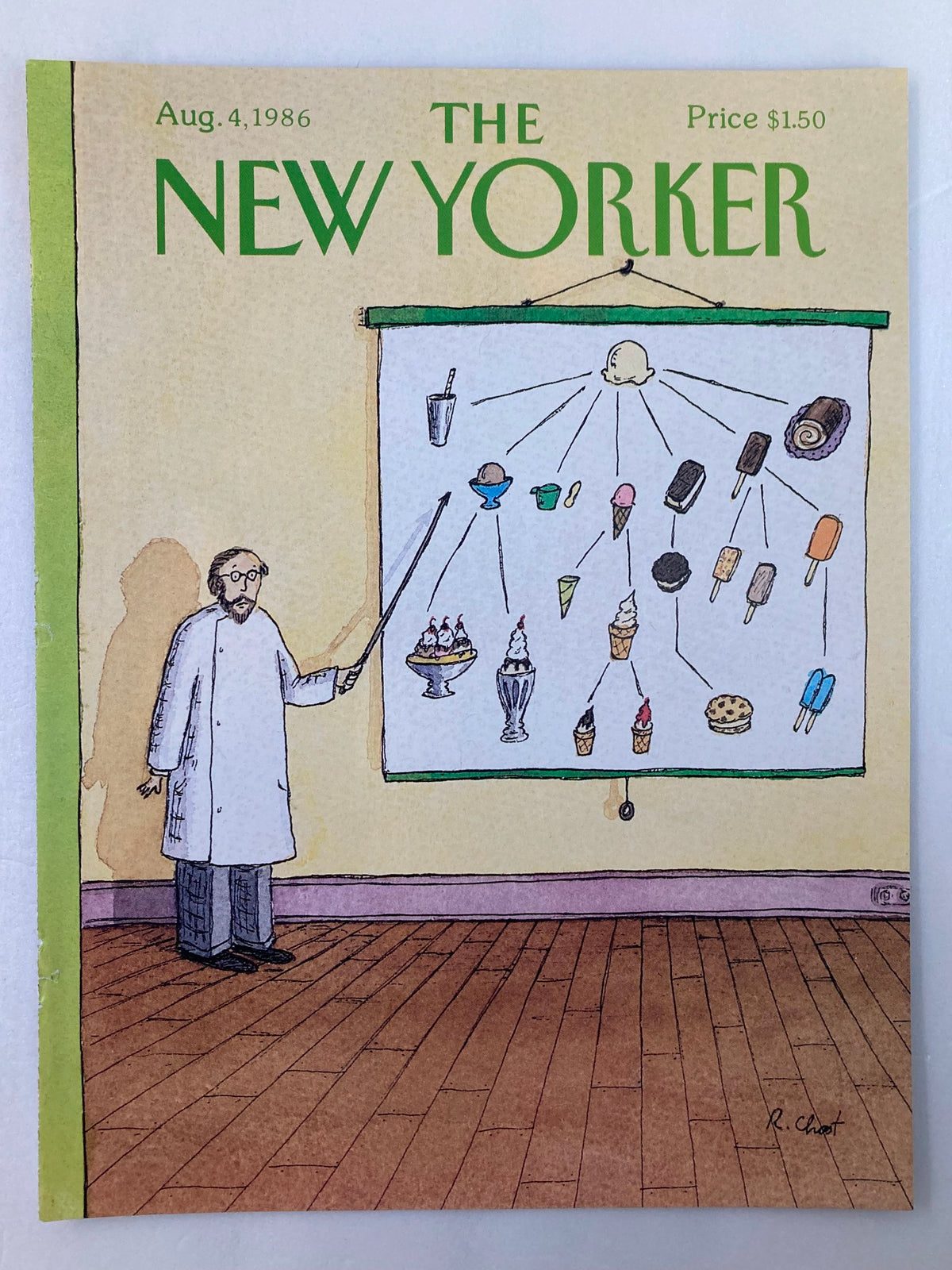 The New Yorker cover August 4, 1986 titled 'Sweet Lesson' by Roz Chast, depicting a humorous scene of a scientist using a pointer to showcase different ice cream treats on a display.