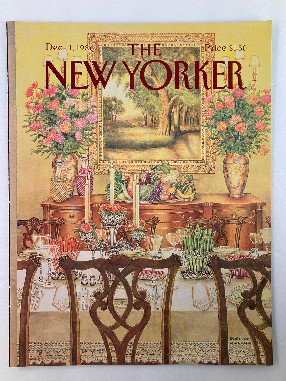 Cover only of The New Yorker from December 1, 1986 showcasing the "Fancy Dinner" artwork by Jenni Oliver, illustrating a beautifully arranged dining scene with intricate table settings and lush floral arrangements.