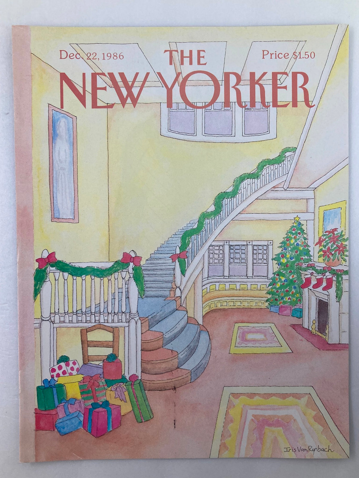The New Yorker December 22 1986 Holiday Spirit cover showcasing a charming holiday-themed artwork of a home interior with a staircase, a Christmas tree, and colorful presents, by I. Rynbach.