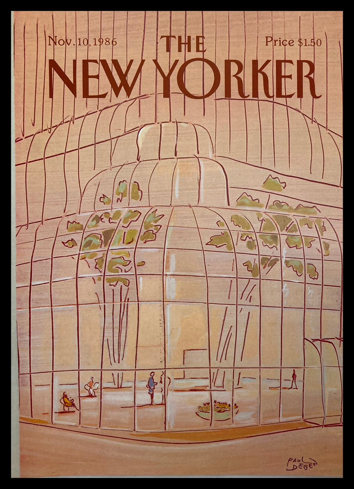 The New Yorker November 10 1986 cover featuring a colorful illustration of a glass building by artist P. Degen, showcasing modern architectural design with people and plants visible within the structure.