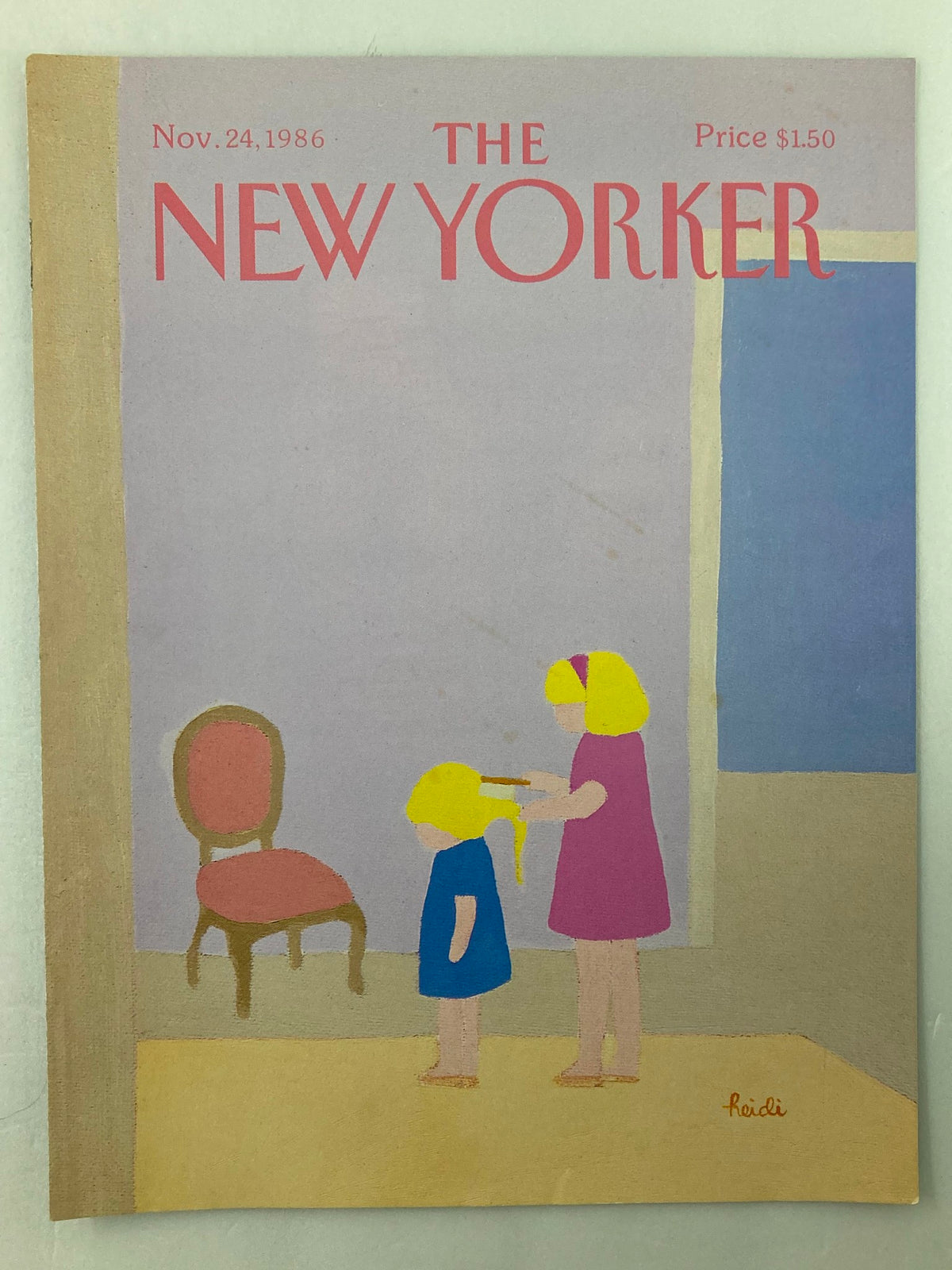 Cover of The New Yorker November 24, 1986, featuring a whimsical illustration titled 'Goldilocks' by Heidi Goennel, depicting two young girls, one styling the other's hair in a pastel-colored room.