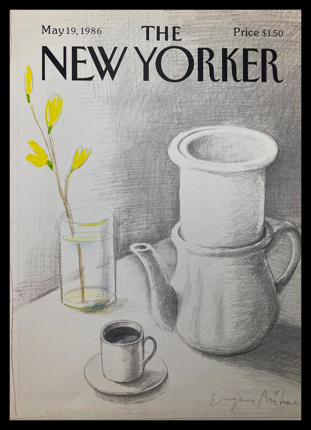 COVER ONLY The New Yorker May 19 1986 Coffee Time by Eugene Mihaesco, featuring a sketch of a teapot, cup, and flowers, perfect for vintage magazine lovers.