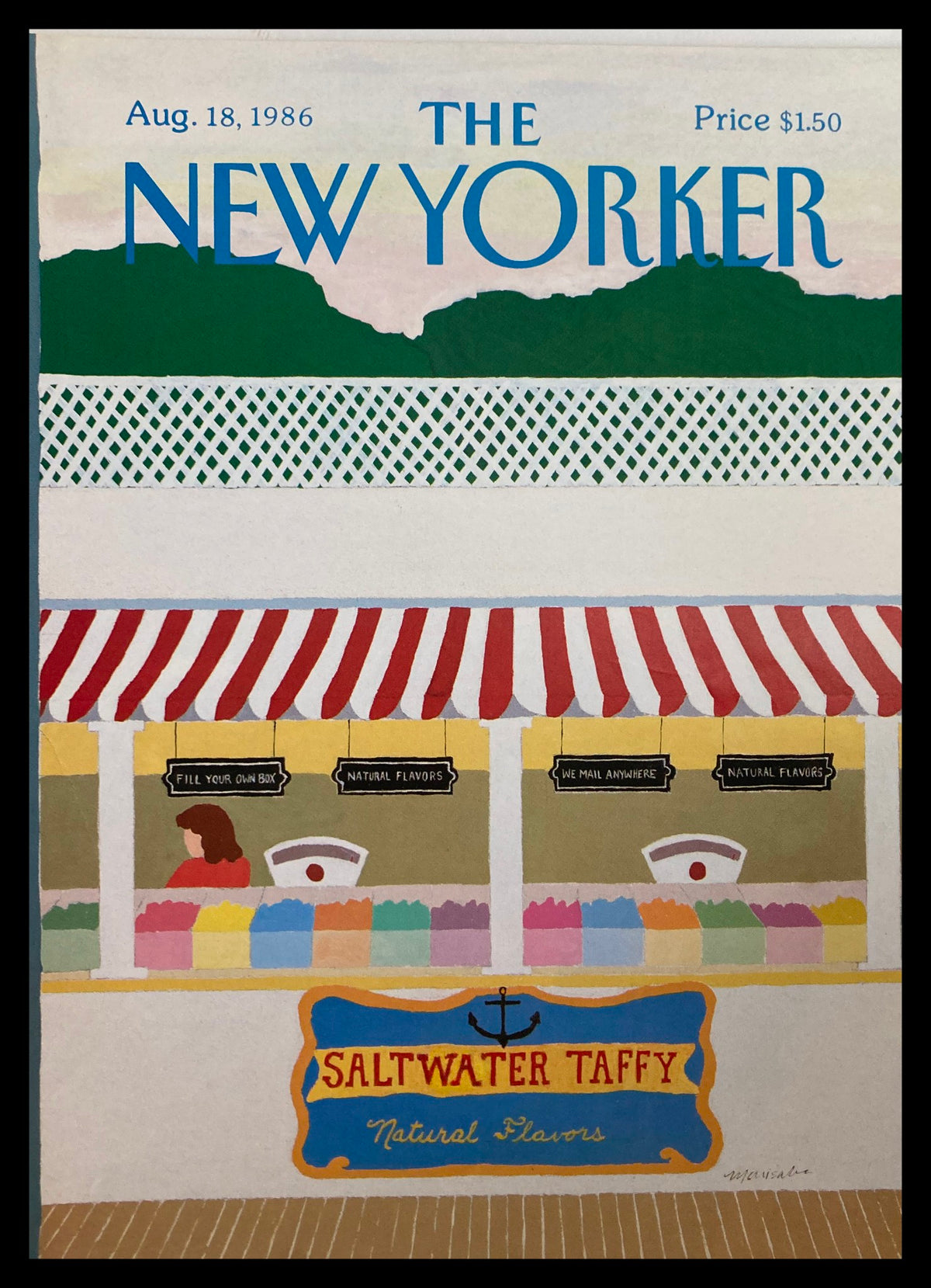 Cover of The New Yorker magazine, August 18, 1986, featuring the illustration 'Saltwater Taffy' by Marisabina, depicting a candy shop with colorful candy displays and a woman selecting treats.