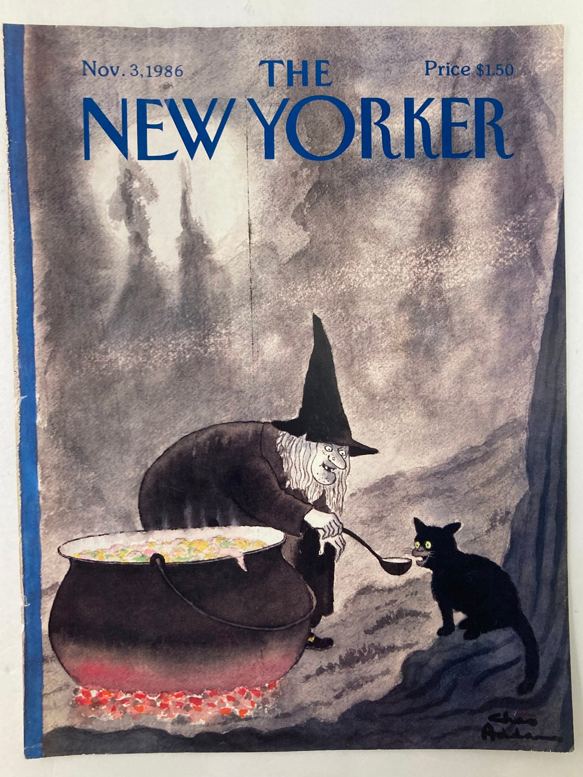 Another view of the vintage magazine cover from The New Yorker, November 3, 1986, showcasing Chas Addams' art titled 'Witch Food'. The cover features a witch with a cauldron and a curious black cat, emphasizing the playful yet gothic style characteristic of Addams.