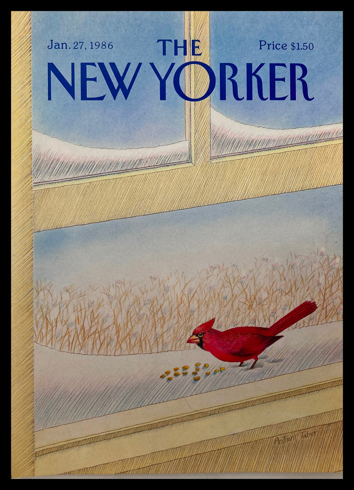 Cover of The New Yorker, January 27, 1986, featuring 'Red Bird' artwork by Anthony Taber, showcasing a vibrant red cardinal and snow-covered landscape, perfect for art collectors.