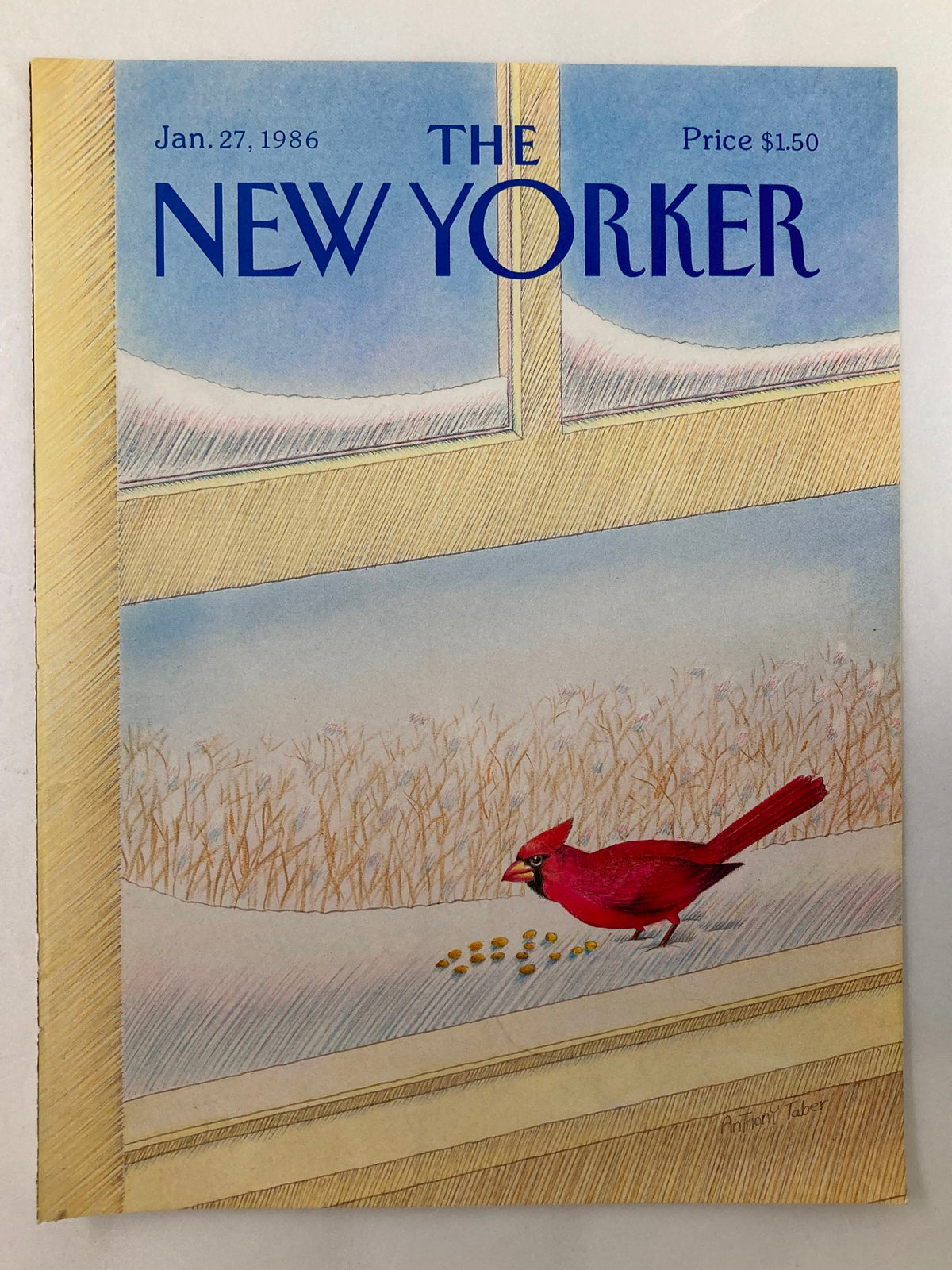 COVER ONLY The New Yorker January 27 1986 Red Bird by Anthony Taber, featuring vibrant artwork of a cardinal in winter scenery with snow and trees, ideal for collectors and vintage magazine enthusiasts.