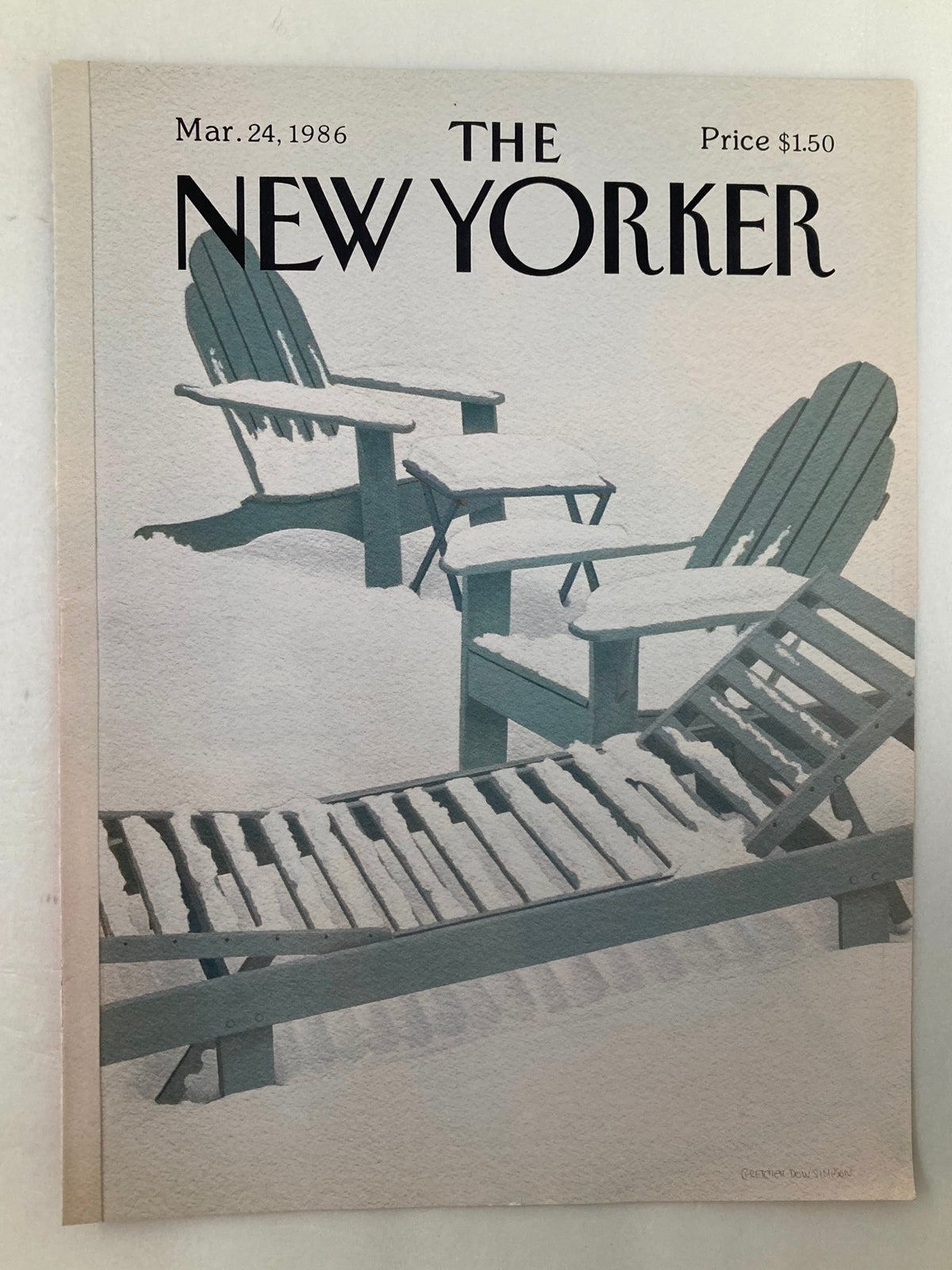 COVER ONLY The New Yorker March 24 1986 Snow Chair by Gretchen Simpson, featuring a gentle winter scene with snow-laden chairs, representing a timeless piece of art.