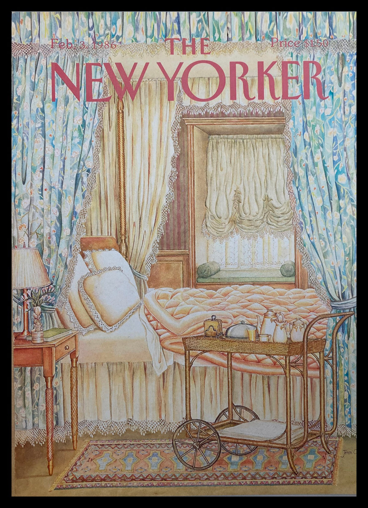 COVER ONLY The New Yorker February 3 1986 showcasing a delicate illustration entitled 'Clean Bed' by Jenni Oliver, featuring an elegant bedroom scene with a bed, floral curtains, and a serving cart.