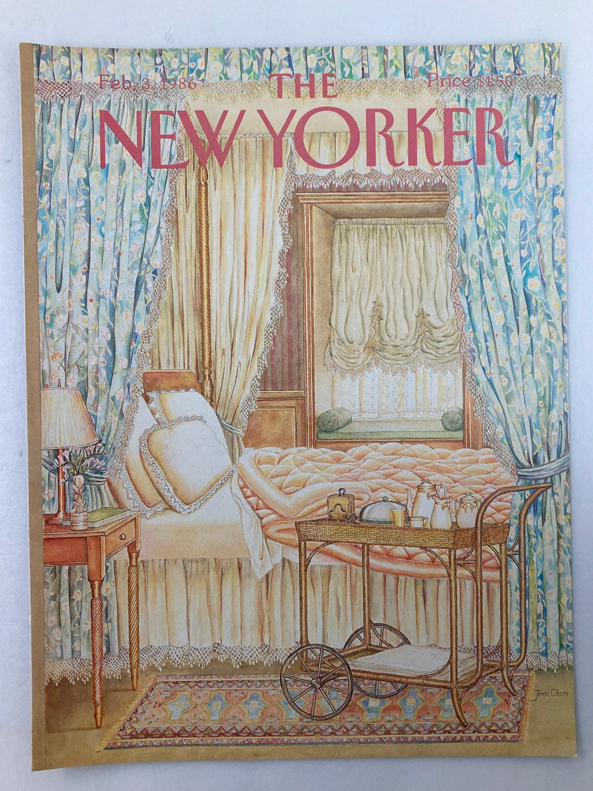 COVER ONLY The New Yorker February 3 1986 by Jenni Oliver, depicting a cozy bedroom with a beautifully made bed, decorative curtains, and a vintage serving cart, ideal for collectors and art lovers.