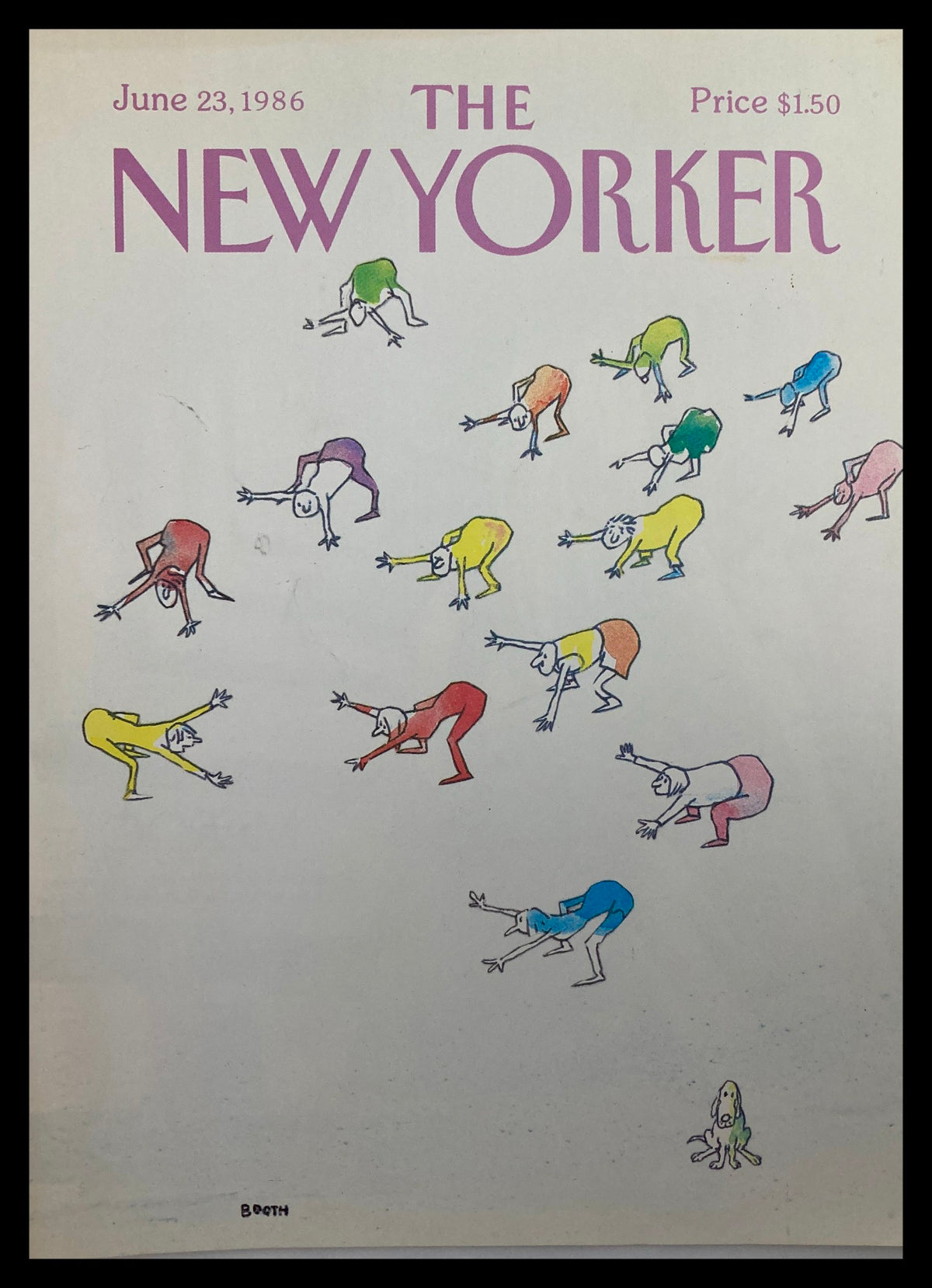 COVER ONLY The New Yorker June 23 1986 featuring a whimsical illustration of colorful figures exercising by George Booth, suitable for framing.