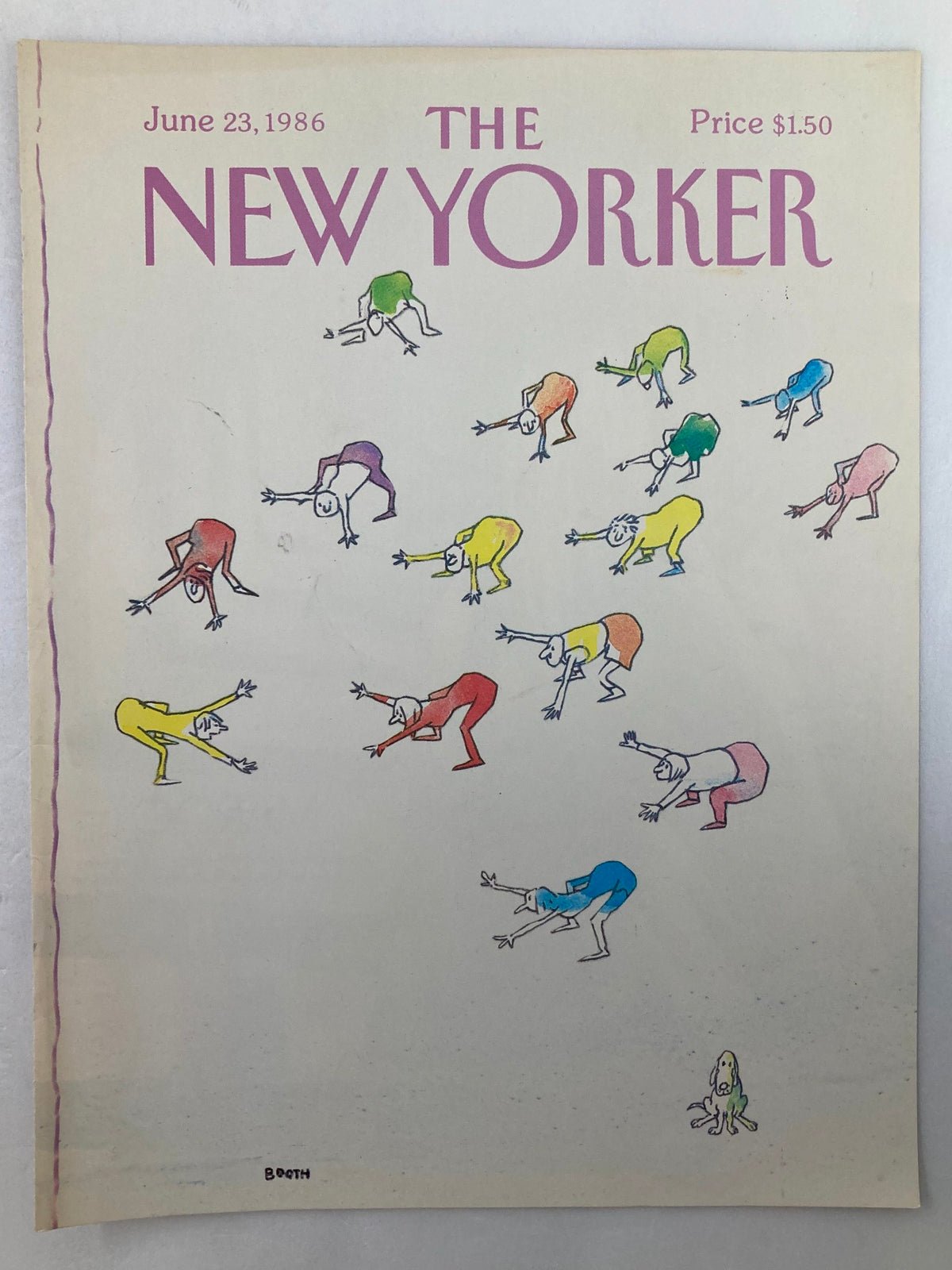 COVER ONLY The New Yorker June 23 1986 showcasing a humorous cartoon by George Booth with vibrant figures engaged in fitness activities, collectible item.