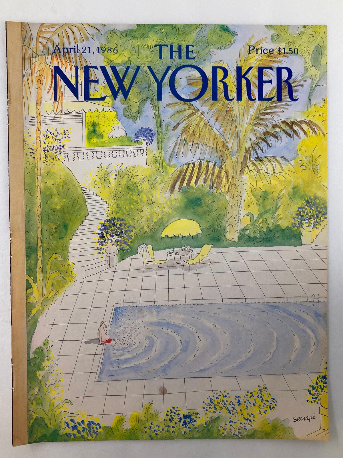 Cover only of The New Yorker magazine from April 21, 1986, illustrated by J. J. Sempe. Depicts a colorful pool area with a person playing in the water, yellow patio furniture, and tropical plants, embodying a serene and inviting outdoor setting.